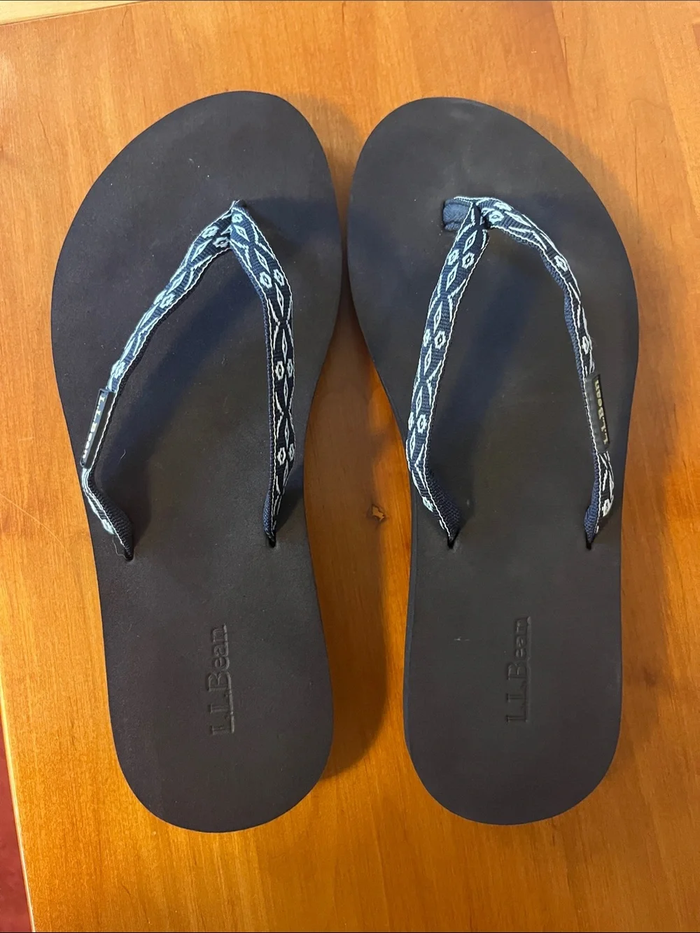 L.L. Bean Women's Black Flip Flop Sandals with Navy Patterned Straps